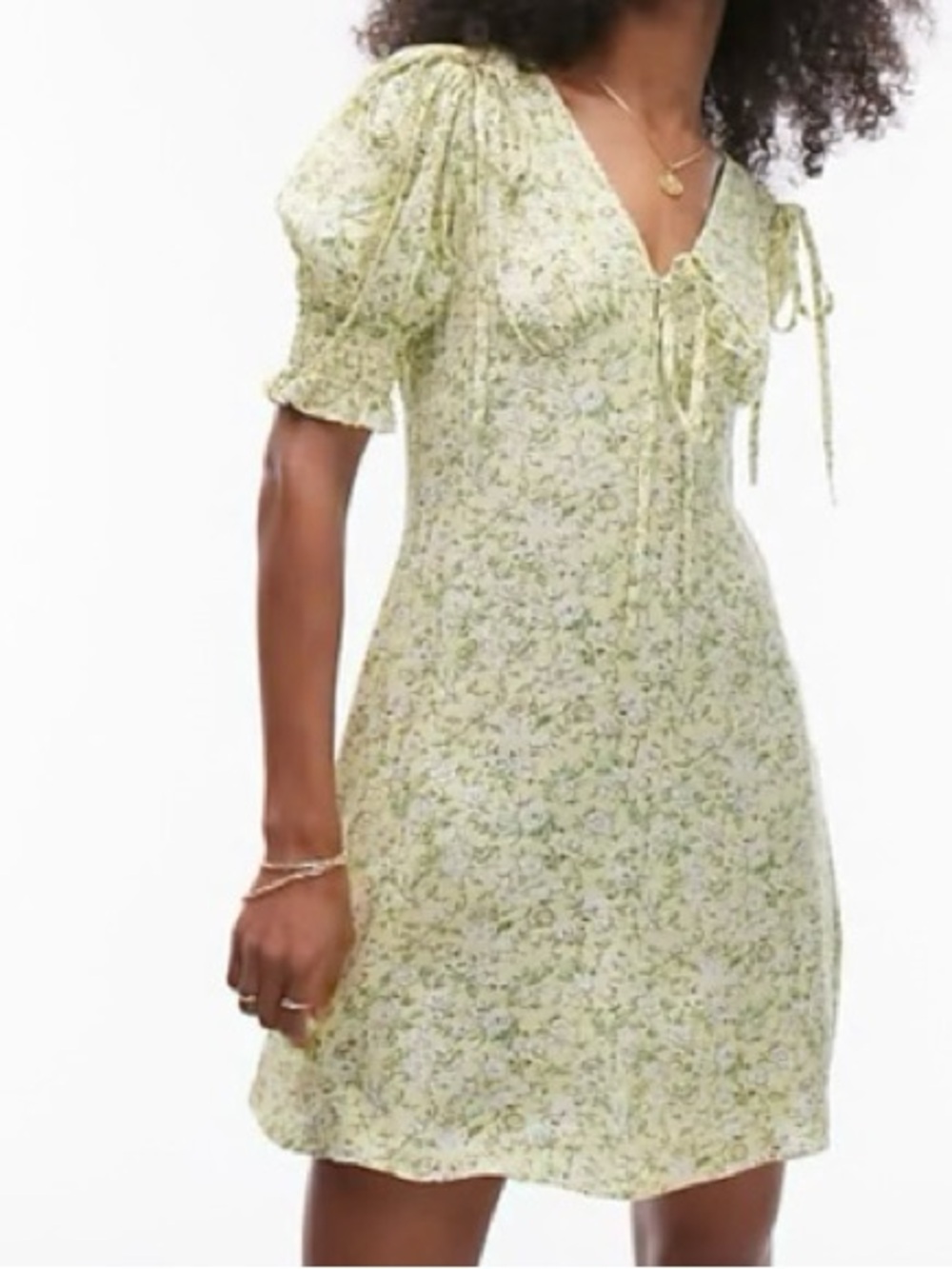 Topshop Yellow Floral Mini Dress Flutter Sleeve Tie Accent Size 4 Cottagecore